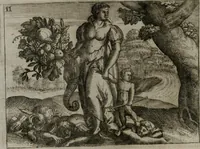 An illustration from Homo microcosmus, hoc est: parvus mundus, macrocosmo, id est: magno mundo, in variis æri incisis figuris totq; carminibus Latinis, per selectiores veterum poëtarum fabulas, nec non elegantiores quasdam historias, emblematice expositus; cujus hæc editio tertia. In qua Latina ista carmina puris rhythmis, Germanicis sunt donata ... Opus, non solùm ad studiosæ juventutis, sed etiam pictorum, sculptorum ... usum et delectationem adornatum (1670)