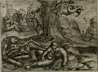 An illustration from Homo microcosmus, hoc est: parvus mundus, macrocosmo, id est: magno mundo, in variis æri incisis figuris totq; carminibus Latinis, per selectiores veterum poëtarum fabulas, nec non elegantiores quasdam historias, emblematice expositus; cujus hæc editio tertia. In qua Latina ista carmina puris rhythmis, Germanicis sunt donata ... Opus, non solùm ad studiosæ juventutis, sed etiam pictorum, sculptorum ... usum et delectationem adornatum (1670)