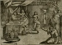 An illustration from Homo microcosmus, hoc est: parvus mundus, macrocosmo, id est: magno mundo, in variis æri incisis figuris totq; carminibus Latinis, per selectiores veterum poëtarum fabulas, nec non elegantiores quasdam historias, emblematice expositus; cujus hæc editio tertia. In qua Latina ista carmina puris rhythmis, Germanicis sunt donata ... Opus, non solùm ad studiosæ juventutis, sed etiam pictorum, sculptorum ... usum et delectationem adornatum (1670)