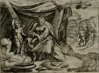 An illustration from Homo microcosmus, hoc est: parvus mundus, macrocosmo, id est: magno mundo, in variis æri incisis figuris totq; carminibus Latinis, per selectiores veterum poëtarum fabulas, nec non elegantiores quasdam historias, emblematice expositus; cujus hæc editio tertia. In qua Latina ista carmina puris rhythmis, Germanicis sunt donata ... Opus, non solùm ad studiosæ juventutis, sed etiam pictorum, sculptorum ... usum et delectationem adornatum (1670)