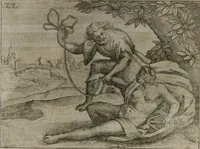 Picture 24 of 75 from Homo microcosmus, hoc est: parvus mundus, macrocosmo, id est: magno mundo, in variis æri incisis figuris totq; carminibus Latinis, per selectiores veterum poëtarum fabulas, nec non elegantiores quasdam historias, emblematice expositus; cujus hæc editio tertia. In qua Latina ista carmina puris rhythmis, Germanicis sunt donata ... Opus, non solùm ad studiosæ juventutis, sed etiam pictorum, sculptorum ... usum et delectationem adornatum (1670), leaf 59