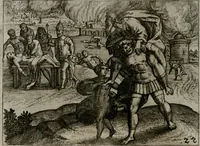 Picture 27 of 75 from Homo microcosmus, hoc est: parvus mundus, macrocosmo, id est: magno mundo, in variis æri incisis figuris totq; carminibus Latinis, per selectiores veterum poëtarum fabulas, nec non elegantiores quasdam historias, emblematice expositus; cujus hæc editio tertia. In qua Latina ista carmina puris rhythmis, Germanicis sunt donata ... Opus, non solùm ad studiosæ juventutis, sed etiam pictorum, sculptorum ... usum et delectationem adornatum (1670), leaf 65