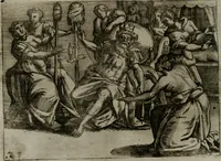 An illustration from Homo microcosmus, hoc est: parvus mundus, macrocosmo, id est: magno mundo, in variis æri incisis figuris totq; carminibus Latinis, per selectiores veterum poëtarum fabulas, nec non elegantiores quasdam historias, emblematice expositus; cujus hæc editio tertia. In qua Latina ista carmina puris rhythmis, Germanicis sunt donata ... Opus, non solùm ad studiosæ juventutis, sed etiam pictorum, sculptorum ... usum et delectationem adornatum (1670)