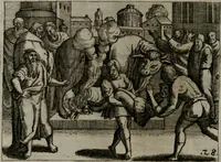 An illustration from Homo microcosmus, hoc est: parvus mundus, macrocosmo, id est: magno mundo, in variis æri incisis figuris totq; carminibus Latinis, per selectiores veterum poëtarum fabulas, nec non elegantiores quasdam historias, emblematice expositus; cujus hæc editio tertia. In qua Latina ista carmina puris rhythmis, Germanicis sunt donata ... Opus, non solùm ad studiosæ juventutis, sed etiam pictorum, sculptorum ... usum et delectationem adornatum (1670)