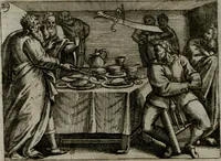 An illustration from Homo microcosmus, hoc est: parvus mundus, macrocosmo, id est: magno mundo, in variis æri incisis figuris totq; carminibus Latinis, per selectiores veterum poëtarum fabulas, nec non elegantiores quasdam historias, emblematice expositus; cujus hæc editio tertia. In qua Latina ista carmina puris rhythmis, Germanicis sunt donata ... Opus, non solùm ad studiosæ juventutis, sed etiam pictorum, sculptorum ... usum et delectationem adornatum (1670)