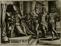 An illustration from Homo microcosmus, hoc est: parvus mundus, macrocosmo, id est: magno mundo, in variis æri incisis figuris totq; carminibus Latinis, per selectiores veterum poëtarum fabulas, nec non elegantiores quasdam historias, emblematice expositus; cujus hæc editio tertia. In qua Latina ista carmina puris rhythmis, Germanicis sunt donata ... Opus, non solùm ad studiosæ juventutis, sed etiam pictorum, sculptorum ... usum et delectationem adornatum (1670)