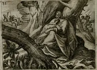 Picture 33 of 75 from Homo microcosmus, hoc est: parvus mundus, macrocosmo, id est: magno mundo, in variis æri incisis figuris totq; carminibus Latinis, per selectiores veterum poëtarum fabulas, nec non elegantiores quasdam historias, emblematice expositus; cujus hæc editio tertia. In qua Latina ista carmina puris rhythmis, Germanicis sunt donata ... Opus, non solùm ad studiosæ juventutis, sed etiam pictorum, sculptorum ... usum et delectationem adornatum (1670), leaf 77