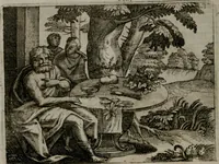 An illustration from Homo microcosmus, hoc est: parvus mundus, macrocosmo, id est: magno mundo, in variis æri incisis figuris totq; carminibus Latinis, per selectiores veterum poëtarum fabulas, nec non elegantiores quasdam historias, emblematice expositus; cujus hæc editio tertia. In qua Latina ista carmina puris rhythmis, Germanicis sunt donata ... Opus, non solùm ad studiosæ juventutis, sed etiam pictorum, sculptorum ... usum et delectationem adornatum (1670)
