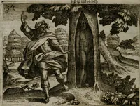 Picture 37 of 75 from Homo microcosmus, hoc est: parvus mundus, macrocosmo, id est: magno mundo, in variis æri incisis figuris totq; carminibus Latinis, per selectiores veterum poëtarum fabulas, nec non elegantiores quasdam historias, emblematice expositus; cujus hæc editio tertia. In qua Latina ista carmina puris rhythmis, Germanicis sunt donata ... Opus, non solùm ad studiosæ juventutis, sed etiam pictorum, sculptorum ... usum et delectationem adornatum (1670), leaf 85