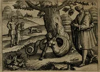 Picture 42 of 75 from Homo microcosmus, hoc est: parvus mundus, macrocosmo, id est: magno mundo, in variis æri incisis figuris totq; carminibus Latinis, per selectiores veterum poëtarum fabulas, nec non elegantiores quasdam historias, emblematice expositus; cujus hæc editio tertia. In qua Latina ista carmina puris rhythmis, Germanicis sunt donata ... Opus, non solùm ad studiosæ juventutis, sed etiam pictorum, sculptorum ... usum et delectationem adornatum (1670), leaf 95