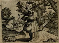 An illustration from Homo microcosmus, hoc est: parvus mundus, macrocosmo, id est: magno mundo, in variis æri incisis figuris totq; carminibus Latinis, per selectiores veterum poëtarum fabulas, nec non elegantiores quasdam historias, emblematice expositus; cujus hæc editio tertia. In qua Latina ista carmina puris rhythmis, Germanicis sunt donata ... Opus, non solùm ad studiosæ juventutis, sed etiam pictorum, sculptorum ... usum et delectationem adornatum (1670)
