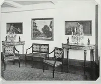 An illustration from House & garden's book of interiors, containing over three hundred illustrations of living rooms, dining rooms, libraries, halls, bedrooms, porches, breakfast rooms, nurseries, kitchens, bathrooms and the use of decorative accessories and curtains, together with practical suggestions for the furnishing and decorating of each type of room in the house (1920)