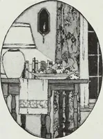 An illustration from House & garden's book of interiors, containing over three hundred illustrations of living rooms, dining rooms, libraries, halls, bedrooms, porches, breakfast rooms, nurseries, kitchens, bathrooms and the use of decorative accessories and curtains, together with practical suggestions for the furnishing and decorating of each type of room in the house (1920)