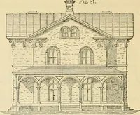 An illustration from The house, a manual of rural architecture, or, How to build country houses and out-buildings : embracing the origin and meaning of the house ; the art of house-building, including planning, style and construction ; desings and descriptions of cottages farm-houses, villas and out-buildings, of various cost and in the different styles of architecture, etc., etc. ; and an appendix containing recipes for paints and washes, stucco, rough-cast, etc. ; and instructions for roofing, building with rough stone, unburnt brick, balloon frames, and the concrete or gravel wall ; with numerous original plans (1866)