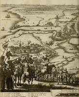 An illustration from Hugo de Groots Nederlandtsche jaerboeken en historien : sedert het jaer MDLV tot het jaer MDCIX : met De belegering der stadt Grol en den aenkleven des jaers MDCXXVII, als ook Het tractaet van de Batavische nu Hollandtsche Republyk, en De vrye zeevaert : met aenteeckeningen, voorts met het leven des schrijvers, twee volkomen registers, en veele koopere platen verciert (1681)