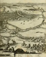An illustration from Hugo de Groots Nederlandtsche jaerboeken en historien : sedert het jaer MDLV tot het jaer MDCIX : met De belegering der stadt Grol en den aenkleven des jaers MDCXXVII, als ook Het tractaet van de Batavische nu Hollandtsche Republyk, en De vrye zeevaert : met aenteeckeningen, voorts met het leven des schrijvers, twee volkomen registers, en veele koopere platen verciert (1681)