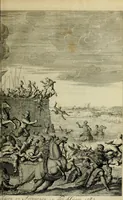 An illustration from Hugo de Groots Nederlandtsche jaerboeken en historien : sedert het jaer MDLV tot het jaer MDCIX : met De belegering der stadt Grol en den aenkleven des jaers MDCXXVII, als ook Het tractaet van de Batavische nu Hollandtsche Republyk, en De vrye zeevaert : met aenteeckeningen, voorts met het leven des schrijvers, twee volkomen registers, en veele koopere platen verciert (1681)