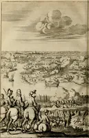 An illustration from Hugo de Groots Nederlandtsche jaerboeken en historien : sedert het jaer MDLV tot het jaer MDCIX : met De belegering der stadt Grol en den aenkleven des jaers MDCXXVII, als ook Het tractaet van de Batavische nu Hollandtsche Republyk, en De vrye zeevaert : met aenteeckeningen, voorts met het leven des schrijvers, twee volkomen registers, en veele koopere platen verciert (1681)