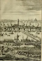 An illustration from Hugo de Groots Nederlandtsche jaerboeken en historien : sedert het jaer MDLV tot het jaer MDCIX : met De belegering der stadt Grol en den aenkleven des jaers MDCXXVII, als ook Het tractaet van de Batavische nu Hollandtsche Republyk, en De vrye zeevaert : met aenteeckeningen, voorts met het leven des schrijvers, twee volkomen registers, en veele koopere platen verciert (1681)