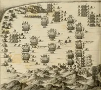 An illustration from Hugo de Groots Nederlandtsche jaerboeken en historien : sedert het jaer MDLV tot het jaer MDCIX : met De belegering der stadt Grol en den aenkleven des jaers MDCXXVII, als ook Het tractaet van de Batavische nu Hollandtsche Republyk, en De vrye zeevaert : met aenteeckeningen, voorts met het leven des schrijvers, twee volkomen registers, en veele koopere platen verciert (1681)