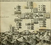 An illustration from Hugo de Groots Nederlandtsche jaerboeken en historien : sedert het jaer MDLV tot het jaer MDCIX : met De belegering der stadt Grol en den aenkleven des jaers MDCXXVII, als ook Het tractaet van de Batavische nu Hollandtsche Republyk, en De vrye zeevaert : met aenteeckeningen, voorts met het leven des schrijvers, twee volkomen registers, en veele koopere platen verciert (1681)