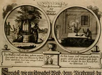 An illustration from Hundert sinn- und lehr reiche Vergleichungs-Sonnette uber die Sonn- und Fest-Tags-Evangelien, ingleichen die Apostel-Geschichte : uber welchen zugleich zwey hundert aus dem Alten und Neuen Testament in Kupfer-Stich erbaulich vorgestellte Biblische Historien : nebst darauf zielenden Sinn-Bildern und darzu gehörigen Uber- und Unterschrifften befindlich (1721)