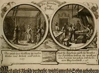 An illustration from Hundert sinn- und lehr reiche Vergleichungs-Sonnette uber die Sonn- und Fest-Tags-Evangelien, ingleichen die Apostel-Geschichte : uber welchen zugleich zwey hundert aus dem Alten und Neuen Testament in Kupfer-Stich erbaulich vorgestellte Biblische Historien : nebst darauf zielenden Sinn-Bildern und darzu gehörigen Uber- und Unterschrifften befindlich (1721)