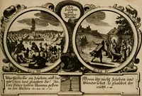 Picture 77 of 112 from Hundert sinn- und lehr reiche Vergleichungs-Sonnette uber die Sonn- und Fest-Tags-Evangelien, ingleichen die Apostel-Geschichte : uber welchen zugleich zwey hundert aus dem Alten und Neuen Testament in Kupfer-Stich erbaulich vorgestellte Biblische Historien : nebst darauf zielenden Sinn-Bildern und darzu gehörigen Uber- und Unterschrifften befindlich (1721), leaf 156