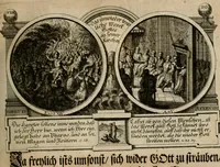 An illustration from Hundert sinn- und lehr reiche Vergleichungs-Sonnette uber die Sonn- und Fest-Tags-Evangelien, ingleichen die Apostel-Geschichte : uber welchen zugleich zwey hundert aus dem Alten und Neuen Testament in Kupfer-Stich erbaulich vorgestellte Biblische Historien : nebst darauf zielenden Sinn-Bildern und darzu gehörigen Uber- und Unterschrifften befindlich (1721)