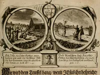 Picture 102 of 112 from Hundert sinn- und lehr reiche Vergleichungs-Sonnette uber die Sonn- und Fest-Tags-Evangelien, ingleichen die Apostel-Geschichte : uber welchen zugleich zwey hundert aus dem Alten und Neuen Testament in Kupfer-Stich erbaulich vorgestellte Biblische Historien : nebst darauf zielenden Sinn-Bildern und darzu gehörigen Uber- und Unterschrifften befindlich (1721), leaf 204