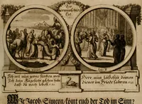 Picture 23 of 112 from Hundert sinn- und lehr reiche Vergleichungs-Sonnette uber die Sonn- und Fest-Tags-Evangelien, ingleichen die Apostel-Geschichte : uber welchen zugleich zwey hundert aus dem Alten und Neuen Testament in Kupfer-Stich erbaulich vorgestellte Biblische Historien : nebst darauf zielenden Sinn-Bildern und darzu gehörigen Uber- und Unterschrifften befindlich (1721), leaf 52