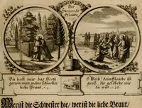 Picture 29 of 112 from Hundert sinn- und lehr reiche Vergleichungs-Sonnette uber die Sonn- und Fest-Tags-Evangelien, ingleichen die Apostel-Geschichte : uber welchen zugleich zwey hundert aus dem Alten und Neuen Testament in Kupfer-Stich erbaulich vorgestellte Biblische Historien : nebst darauf zielenden Sinn-Bildern und darzu gehörigen Uber- und Unterschrifften befindlich (1721), leaf 64