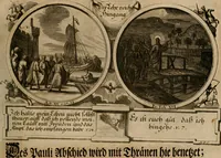 An illustration from Hundert sinn- und lehr reiche Vergleichungs-Sonnette uber die Sonn- und Fest-Tags-Evangelien, ingleichen die Apostel-Geschichte : uber welchen zugleich zwey hundert aus dem Alten und Neuen Testament in Kupfer-Stich erbaulich vorgestellte Biblische Historien : nebst darauf zielenden Sinn-Bildern und darzu gehörigen Uber- und Unterschrifften befindlich (1721)
