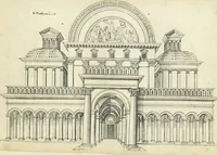 An illustration from Iacobvs Androvetivs dv Cerceav lectoribvs s. Qvoniam apvd veteres alio strvctvræ genere templa fvervnt ædificata, qvam ea qve nostra ætate passim conspicivntur : non inivicvndvm fore studiosis amtiqvitatis, nec a meo institvto alienvm existimavi : si formam ipsam et tanqvam faciem illorvm videndam qvibvslibet exhiberem. .. (1550)