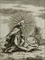 An illustration from Ichnographia emblematica triplicis ad Deum Tri-unum mysticae viae, purgativae, illuminativae, unitivae : splendoribus sanctorum, virtutibus eorum, divinisque charismatibus illustrata, in quinque partes divisa ... (1779)