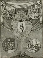 An illustration from Ichnographia emblematica triplicis ad Deum Tri-unum mysticae viae, purgativae, illuminativae, unitivae : splendoribus sanctorum, virtutibus eorum, divinisque charismatibus illustrata, in quinque partes divisa ... (1779)