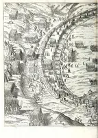 An illustration from I commentari di C. Givlio Cesare : con le figvre in rame de gli alloggiamenti, de' fatti d'arme, delle circonuallationi delle città, & di molte altre cose notabili descritte in essi (1598)