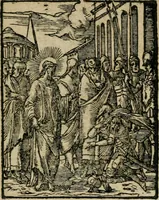 An illustration from Icones historicae Novi Testamenti, carminibus latinis et gallicis illustratae, in quibus exponitur historia in singulis exhibita figuris = Figures historiques du Nouveau Testament, accompagnées de quadrains en latin et en françois, qui exposent l'histoire representée en chaque figure (1681)