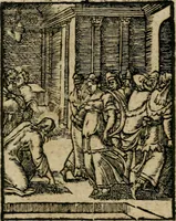 An illustration from Icones historicae Novi Testamenti, carminibus latinis et gallicis illustratae, in quibus exponitur historia in singulis exhibita figuris = Figures historiques du Nouveau Testament, accompagnées de quadrains en latin et en françois, qui exposent l'histoire representée en chaque figure (1681)