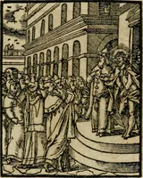 An illustration from Icones historicae Novi Testamenti, carminibus latinis et gallicis illustratae, in quibus exponitur historia in singulis exhibita figuris = Figures historiques du Nouveau Testament, accompagnées de quadrains en latin et en françois, qui exposent l'histoire representée en chaque figure (1681)