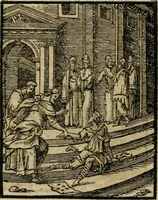 An illustration from Icones historicae Novi Testamenti, carminibus latinis et gallicis illustratae, in quibus exponitur historia in singulis exhibita figuris = Figures historiques du Nouveau Testament, accompagnées de quadrains en latin et en françois, qui exposent l'histoire representée en chaque figure (1681)