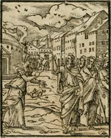 An illustration from Icones historicae Novi Testamenti, carminibus latinis et gallicis illustratae, in quibus exponitur historia in singulis exhibita figuris = Figures historiques du Nouveau Testament, accompagnées de quadrains en latin et en françois, qui exposent l'histoire representée en chaque figure (1681)