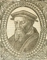 An illustration from Icones, id est, Verae imagines virorvm doctrina simvl et pietate illvstrivm, qvorvm praecipuè ministerio partim bonarum literarum studia sunt restituta, partim vera religio in variis orbis christiani regionibus, nostra patrúmque memoria fuit instaurata: additis eorundem vitae & operae descriptionibus, quibus adiectae sunt nonnullae picturae quas emblemata vocant (1580)