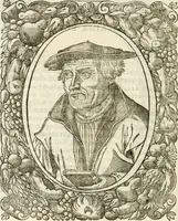 An illustration from Icones, id est, Verae imagines virorvm doctrina simvl et pietate illvstrivm, qvorvm praecipuè ministerio partim bonarum literarum studia sunt restituta, partim vera religio in variis orbis christiani regionibus, nostra patrúmque memoria fuit instaurata: additis eorundem vitae & operae descriptionibus, quibus adiectae sunt nonnullae picturae quas emblemata vocant (1580)