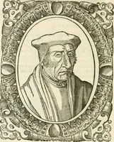 An illustration from Icones, id est, Verae imagines virorvm doctrina simvl et pietate illvstrivm, qvorvm praecipuè ministerio partim bonarum literarum studia sunt restituta, partim vera religio in variis orbis christiani regionibus, nostra patrúmque memoria fuit instaurata: additis eorundem vitae & operae descriptionibus, quibus adiectae sunt nonnullae picturae quas emblemata vocant (1580)