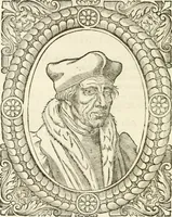 An illustration from Icones, id est, Verae imagines virorvm doctrina simvl et pietate illvstrivm, qvorvm praecipuè ministerio partim bonarum literarum studia sunt restituta, partim vera religio in variis orbis christiani regionibus, nostra patrúmque memoria fuit instaurata: additis eorundem vitae & operae descriptionibus, quibus adiectae sunt nonnullae picturae quas emblemata vocant (1580)