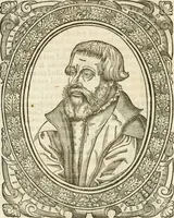 An illustration from Icones, id est, Verae imagines virorvm doctrina simvl et pietate illvstrivm, qvorvm praecipuè ministerio partim bonarum literarum studia sunt restituta, partim vera religio in variis orbis christiani regionibus, nostra patrúmque memoria fuit instaurata: additis eorundem vitae & operae descriptionibus, quibus adiectae sunt nonnullae picturae quas emblemata vocant (1580)