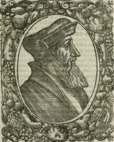 An illustration from Icones, id est, Verae imagines virorum doctrina simul et pietate illustrium, : quorum praecipuè ministerio partim bonarum literarum studia sunt restituta, partim vera religio in variis orbis Christiani regionibus, nostra patrúmque memoria fuit instaurata : additis eorundem vitae & operae descriptionibus, quibus adiectae sunt nonnullae picturae quas emblemata vocant. (1580)