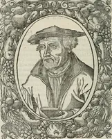 An illustration from Icones, id est, Verae imagines virorum doctrina simul et pietate illustrium, : quorum praecipuè ministerio partim bonarum literarum studia sunt restituta, partim vera religio in variis orbis Christiani regionibus, nostra patrúmque memoria fuit instaurata : additis eorundem vitae & operae descriptionibus, quibus adiectae sunt nonnullae picturae quas emblemata vocant. (1580)