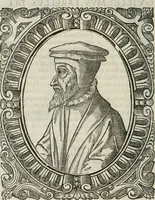 An illustration from Icones, id est, Verae imagines virorum doctrina simul et pietate illustrium, : quorum praecipuè ministerio partim bonarum literarum studia sunt restituta, partim vera religio in variis orbis Christiani regionibus, nostra patrúmque memoria fuit instaurata : additis eorundem vitae & operae descriptionibus, quibus adiectae sunt nonnullae picturae quas emblemata vocant. (1580)